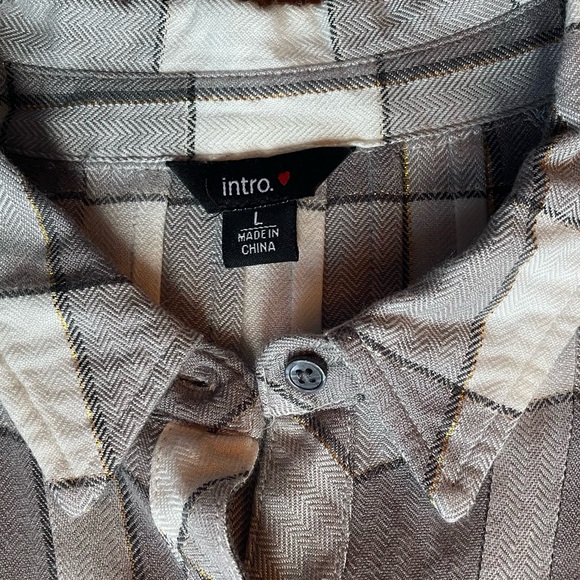 Intro Taupe & Cream with Gold Strands Plaid Button Down Shirt L - Picture 6 of 9